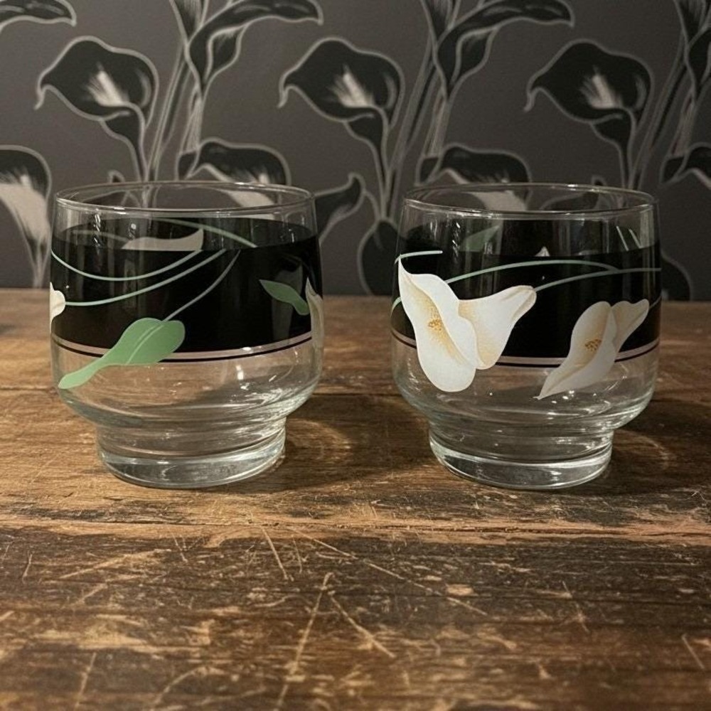 Sango Black Lillies Quadrille Old Fashioned Glasses, Set Of 2, Vintage Barware